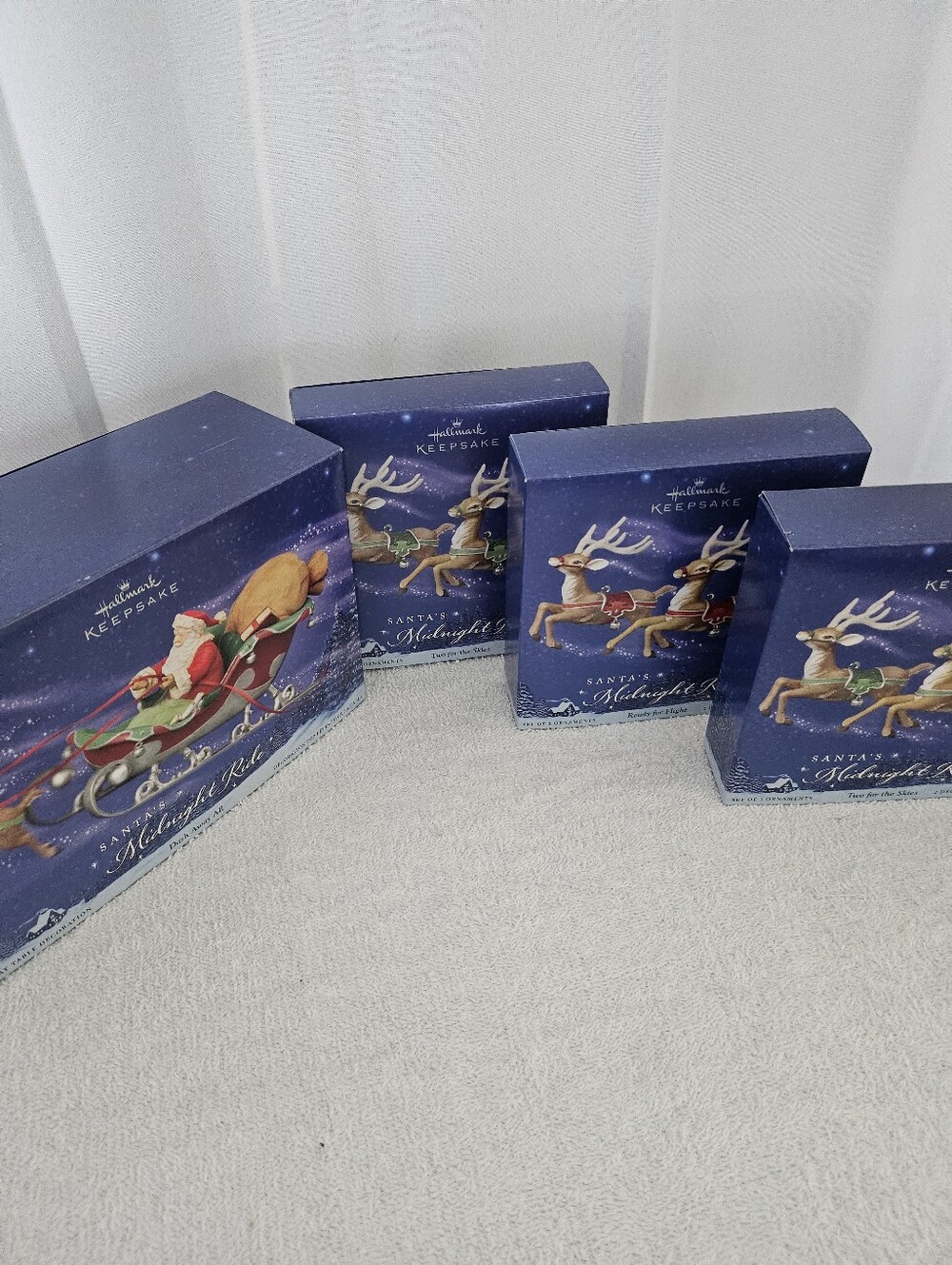 Santa's Midnight Ride Holiday Ornament Set Blue  Dash Away Sleigh & Reindeer NEW